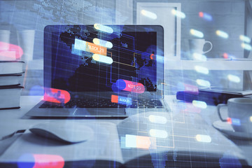 Technology theme drawing and work space with computer. Double exposure. Concept of innovation.