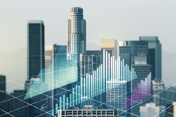 Multi exposure of virtual abstract financial graph interface on Los Angeles cityscape background, financial and trading concept