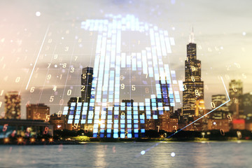 Fototapeta na wymiar Virtual Bitcoin sketch on Chicago cityscape background. Double exposure