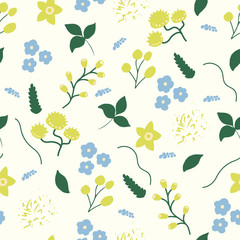 Seamless pattern with flowers in yellow and blue light colors. Perfect for print, textile, fabric, covers. Vector