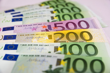 200, 500 Euro and a lot of 100 Euro banknotes. Money background.