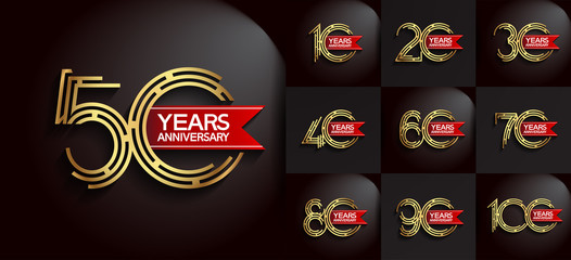 Anniversary logotype set with gold color and red ribbon for invitation, background, template, greeting and celebration event
