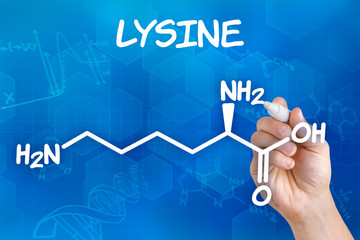 Hand with pen drawing the chemical formula of lysine