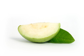 Green crystal guava raw fruit and sliced with leaves  isolated on a white background