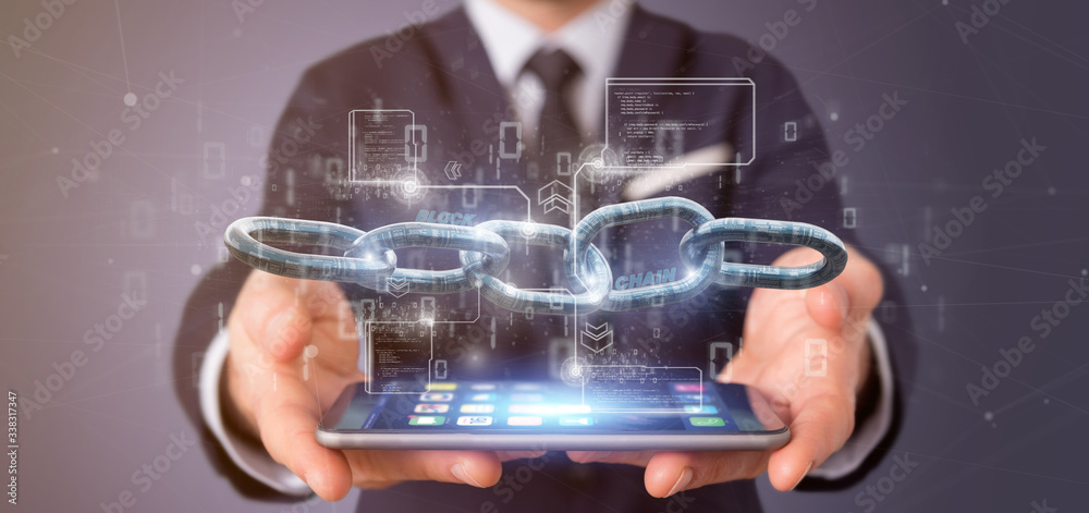 Poster businessman holding a virtual blockcahin with data - 3d rendering
