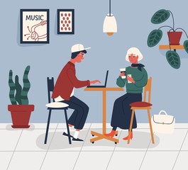 Couple working in cafe. Young man and woman spend time at coffeeshop. Freelancer sitting at table with laptop and girl with smartphone in modern coworking. Vector illustration in flat cartoon style