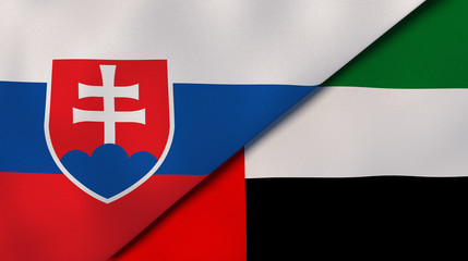 The flags of Slovakia and United Arab Emirates. News, reportage, business background. 3d illustration