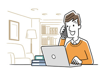 Illustration material: Young man using a personal computer at home