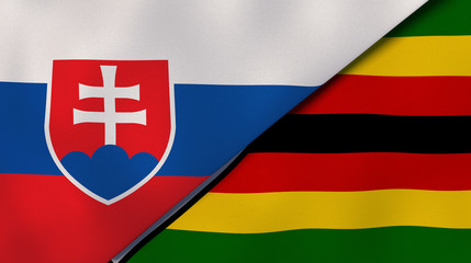 The flags of Slovakia and Zimbabwe. News, reportage, business background. 3d illustration