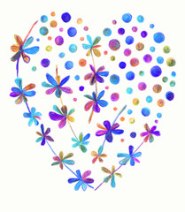 Floral heart flowers, leaves. For the design of backgrounds, invitations, cards, posters, stickers, badges, etc. Hand-painted. Separate on a white background.