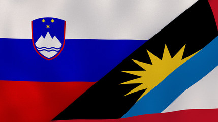 The flags of Slovenia and Antigua and Barbuda. News, reportage, business background. 3d illustration