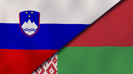 The flags of Slovenia and Belarus. News, reportage, business background. 3d illustration