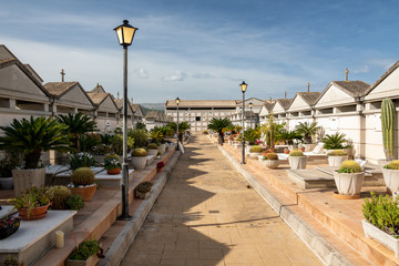 Naklejka premium Hauptweg mit Laternen auf einem Friedhof in Spanien
