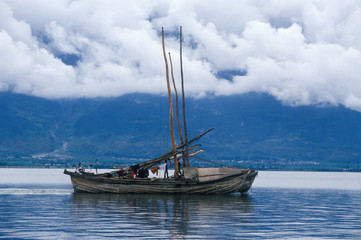 Fishing boat on Erhai Lake in Dali, Yunnan Province, People's Republic of China