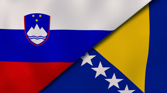 The flags of Slovenia and Bosnia and Herzegovina. News, reportage, business background. 3d illustration