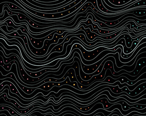 Wave lines pattern. Thin wavy lines and decorative confetti dot spots on black background. Abstract vector decorative texture for graphic design