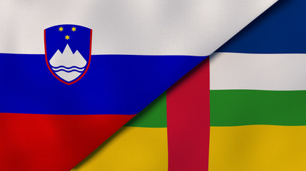 The flags of Slovenia and Central African Republic. News, reportage, business background. 3d illustration