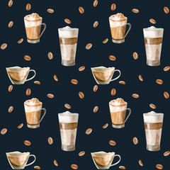 Watercolor seamless pattern with illustrations of coffee cup, coffee beans, coffee grinder, cappuccino, latte