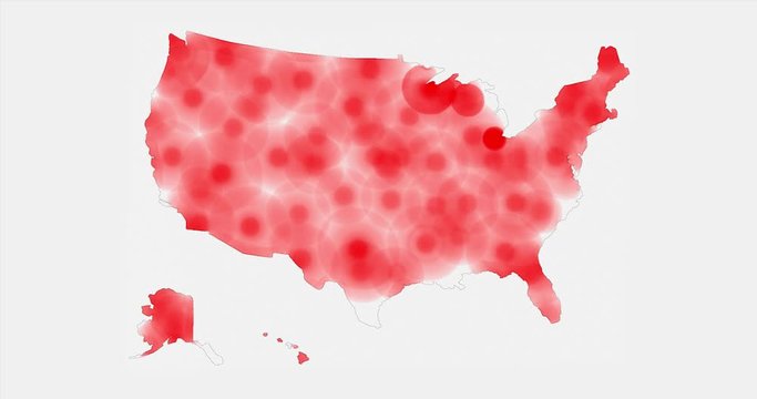 Map of United States of America. Red spots shows the COVID-19 (coronavirus) has spread across the U.S. and after the virus has disappeared. 4K animation.