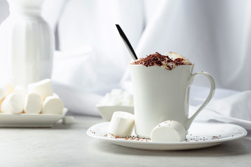 Hot chocolate with marshmallows sprinkled with chocolate crumbs.