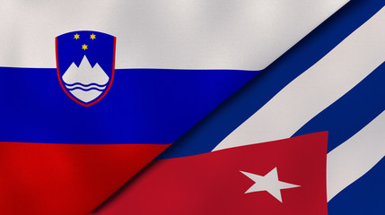 The flags of Slovenia and Cuba. News, reportage, business background. 3d illustration