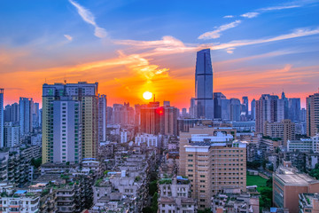 Fototapeta na wymiar Sunset and clear skyskyline and cityscape of modern city Guangzhou