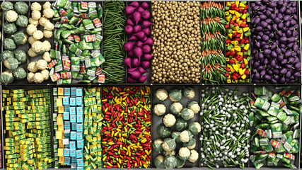 vegetables on shelves in a supermarket 3d render image