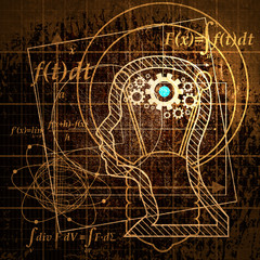 Abstract futuristic thin line pattern with math formula, human silhouette and geometry shapes. Math science engineered drawn project plot concept. Grunge backdrop