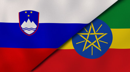 The flags of Slovenia and Ethiopia. News, reportage, business background. 3d illustration