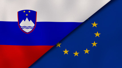Fototapeta premium The flags of Slovenia and European Union. News, reportage, business background. 3d illustration