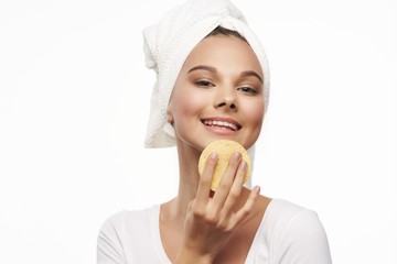 young woman holding a sandwich