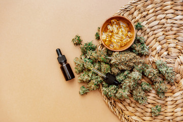 Close up view of medical marijuana buds with hemp oil.