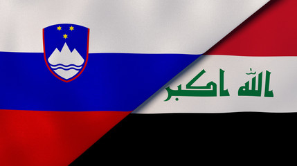 The flags of Slovenia and Iraq. News, reportage, business background. 3d illustration