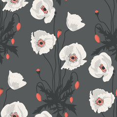Seamless pattern with hand drawn white poppy flowers on gray background. Vector illustration