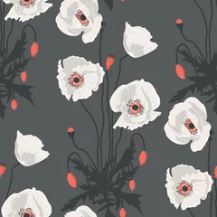 Behang Klaprozen Naadloze patroon met hand getrokken witte papaver bloemen op grijze achtergrond. vector illustratie