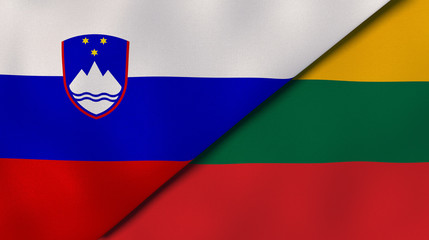 The flags of Slovenia and Lithuania. News, reportage, business background. 3d illustration