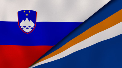 The flags of Slovenia and Marshall Islands. News, reportage, business background. 3d illustration