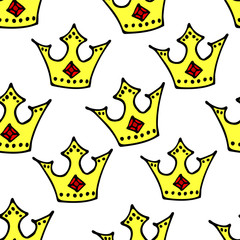 Doodle crowns seamless pattern. Hand drawn luxury background. Cute baby, little princess or royal design for childrens room, posters, celebration. Vector illustration.