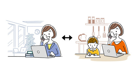 Illustration material: Woman teleworking while raising children