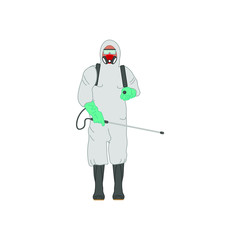 A man with protective equipment is disinfected with a sprayer in the city. Surface treatment due to covid-19 coronavirus disease. Vector illustration for web and mobile design.