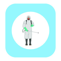 A man with protective equipment is disinfected with a sprayer in the city. Surface treatment due to covid-19 coronavirus disease. Vector illustration for web and mobile design.