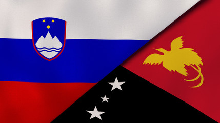 The flags of Slovenia and Papua New Guinea. News, reportage, business background. 3d illustration