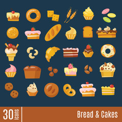 Bread and cakes info-graphic icons set in flat style.