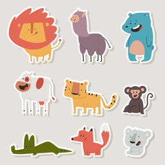 Cute african and forest animals vector cartoon set isolated on background.