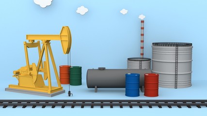 pump jack oil industry  with freight train container 3D rendering