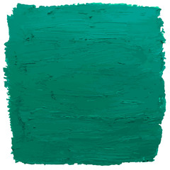 Green square spot of paint. Texture of oil paint isolated on a white background