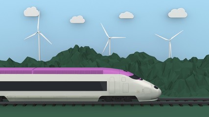 high speed train moves along mountains 3D rendering