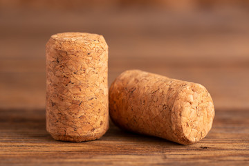 Two wine corks. Wine corks close-up on a wooden table.
