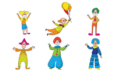 Set of positive clowns during show in colorful costumes with balloons