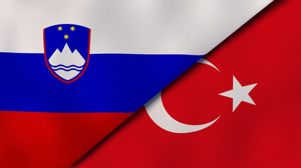 The flags of Slovenia and Turkey. News, reportage, business background. 3d illustration